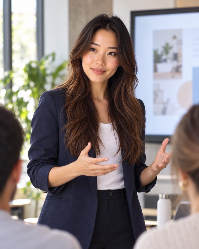 A career coach explaining something to a small workshop group