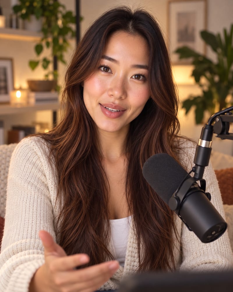 A video creator talking to the camera next to a podcast microphone