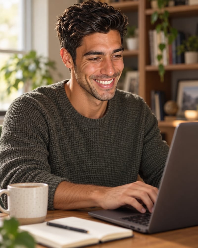 A writer smiling at his laptop in a home office