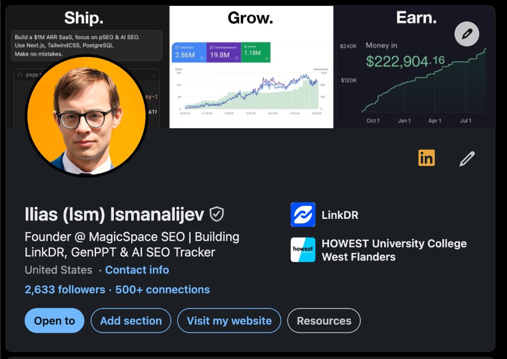 Ilias Isman's LinkedIn profile with a yellow-background headshot