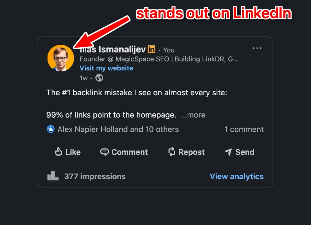 LinkedIn feed showing a yellow-background avatar that stands out among other posts