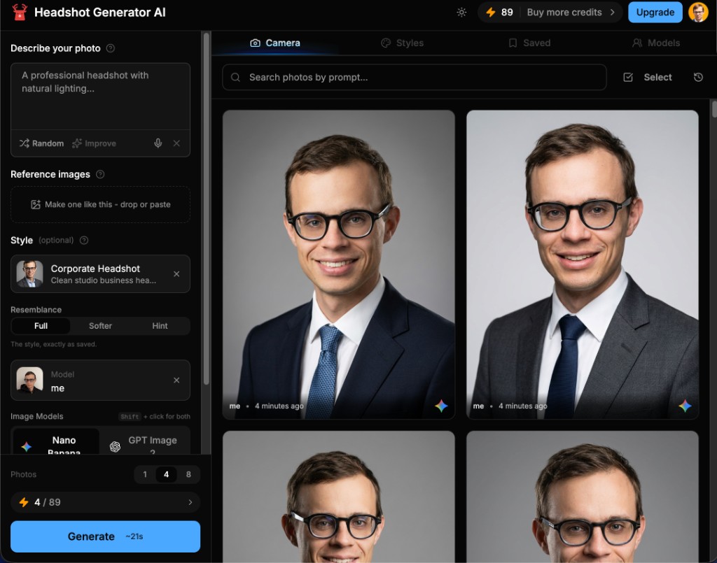 Headshot Generator AI studio showing four corporate headshots generated from one style