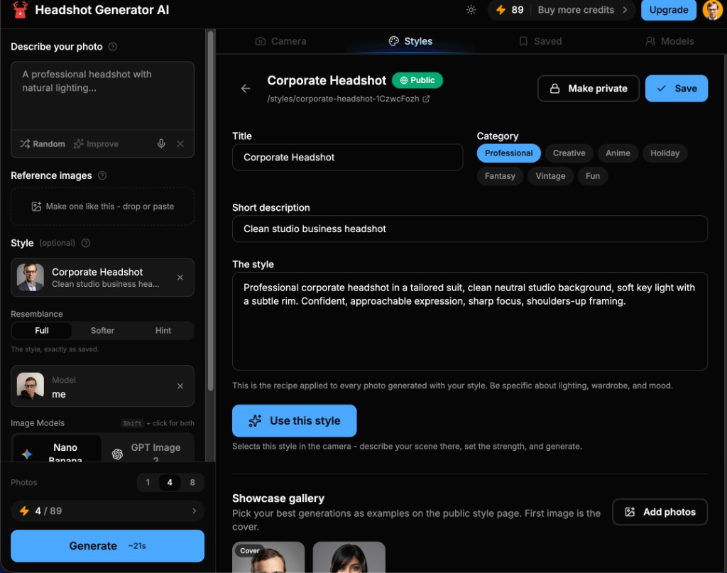 Style editor in Headshot Generator AI for creating a custom Corporate Headshot style
