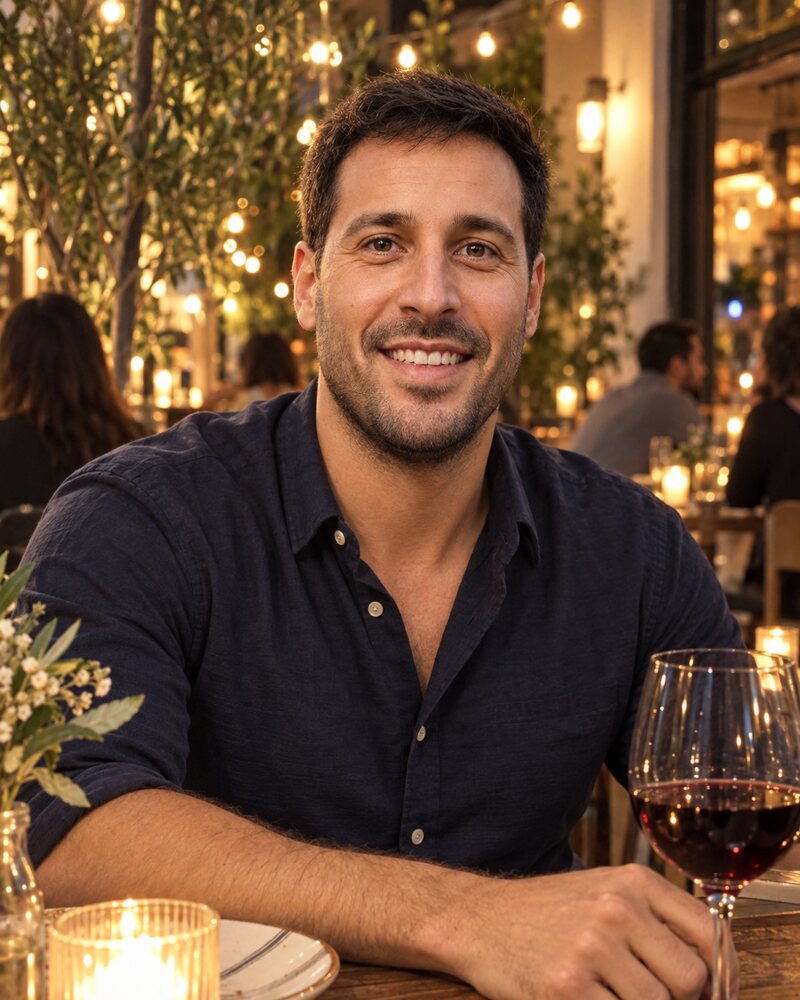 The same man in a dark shirt at a restaurant table in the evening, smiling, with warm lights behind him