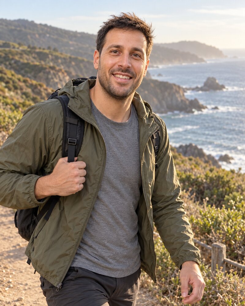 The same man on a coastal path in a light jacket, with the sea and cliffs behind him