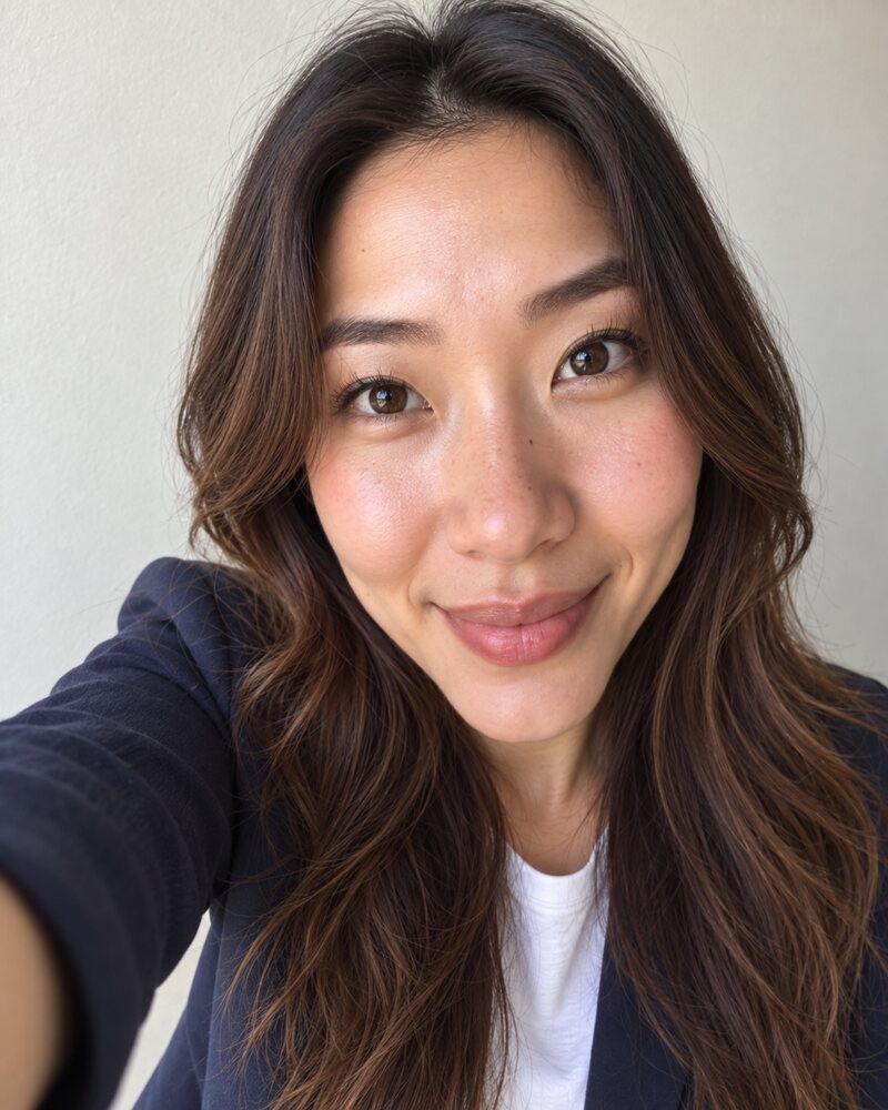 A front-camera selfie of a woman taken at arm's length. Her nose and forehead look enlarged, her ears recede and her arm is visible in the corner.