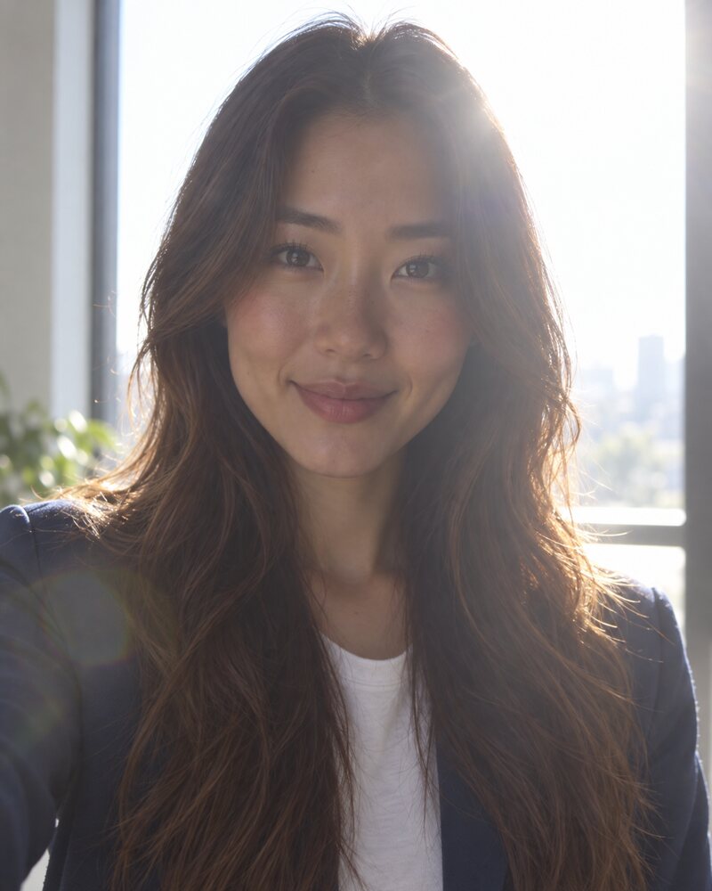 The same woman with a bright window directly behind her. The window is blown out to white and her face is dark and hazy.