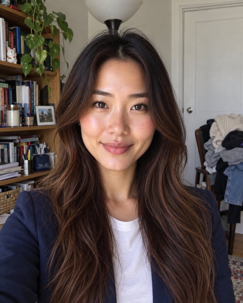 A woman in a navy blazer photographed against a cluttered bookshelf, with a floor lamp appearing to grow out of the top of her head.