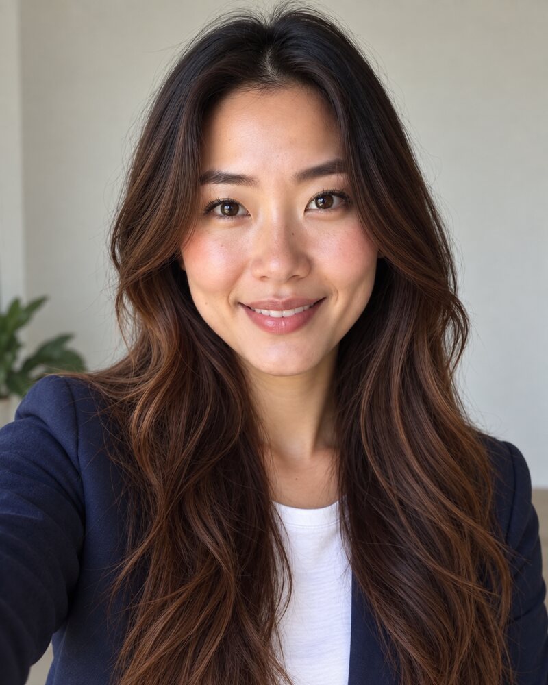 The same woman facing a window, her face evenly lit with a small reflection in each eye, in front of a plain off-white wall.