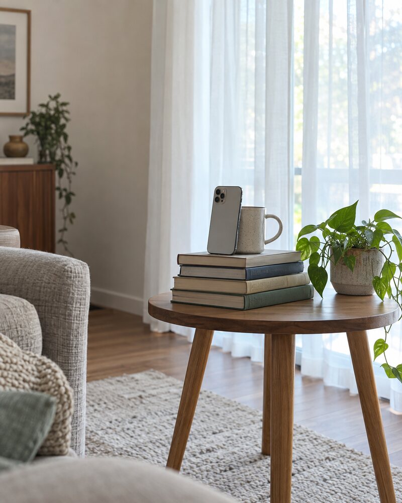 A phone propped upright against a mug on a stack of books, on a table in front of a bright window, with its rear camera pointing into the room.