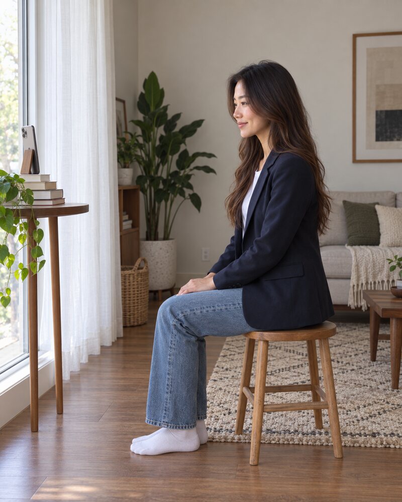 Side view of a woman sitting on a stool facing a window, with a phone propped on books at her eye level about 1.5 metres in front of her and a plain wall a step behind.