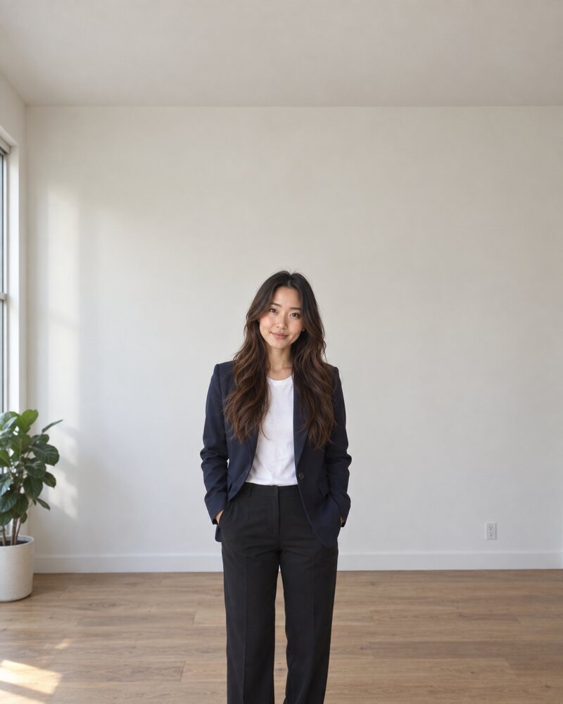 The same woman standing far from the camera, small in the middle of the frame, with a large area of empty wall above her head.