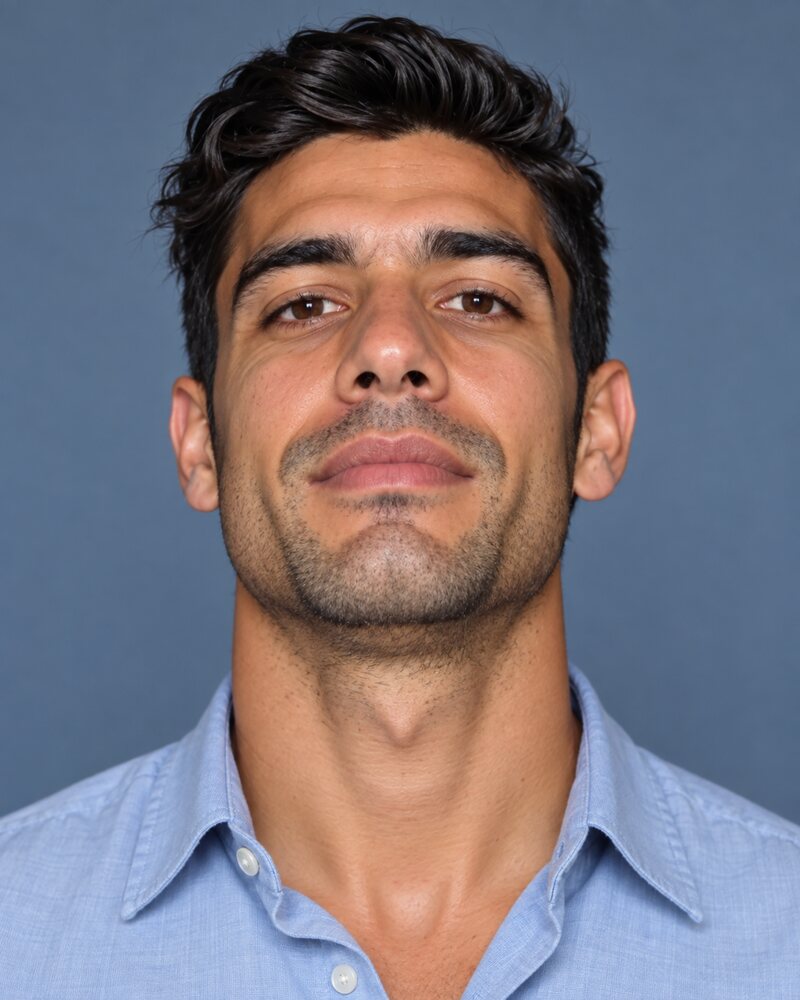 Man in a light blue shirt with his head pulled back and chin lifted, so the camera looks up at his jaw and nostrils