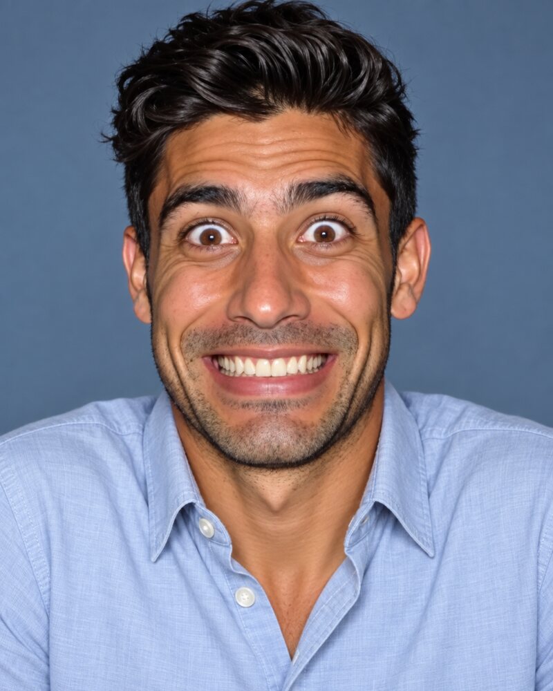 The same man with raised eyebrows, wide-open eyes, lifted shoulders and a stiff grin that does not reach his eyes