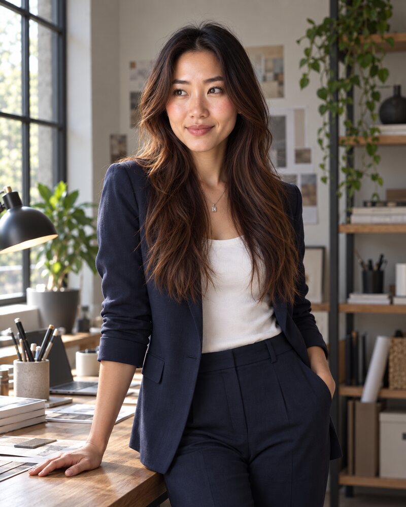 Woman in a navy blazer standing beside a desk in a studio, framed from the waist up and looking off camera, with shelves and a lamp visible behind her