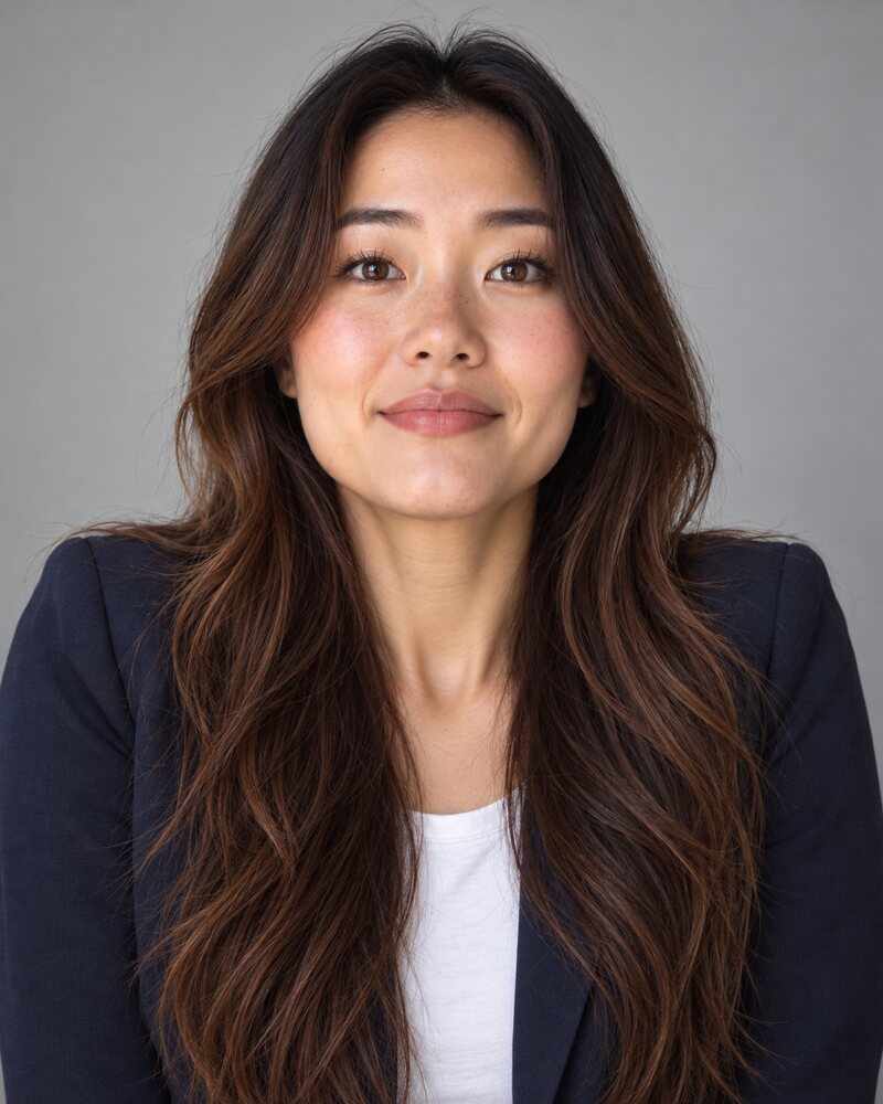 Woman facing the camera with raised shoulders, a lifted chin and a tight smile, on a light grey background