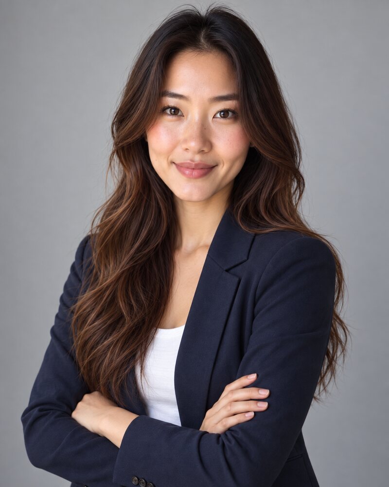 Woman in a navy blazer photographed from the waist up with her arms loosely crossed and a relaxed smile, against a light grey backdrop