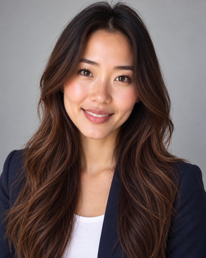 Woman in a navy blazer with her head tilted a few degrees to one side and a warm smile, against a light grey backdrop