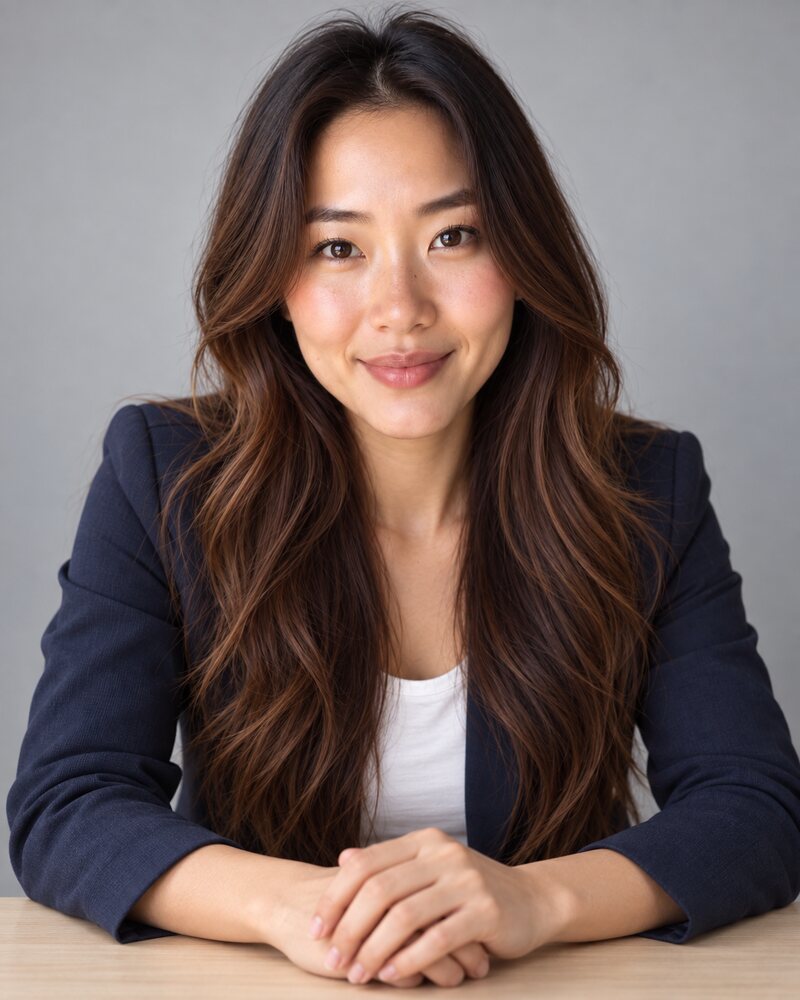 Woman in a navy blazer seated at a table, leaning towards the camera with her forearms resting on the table and her hands loosely together