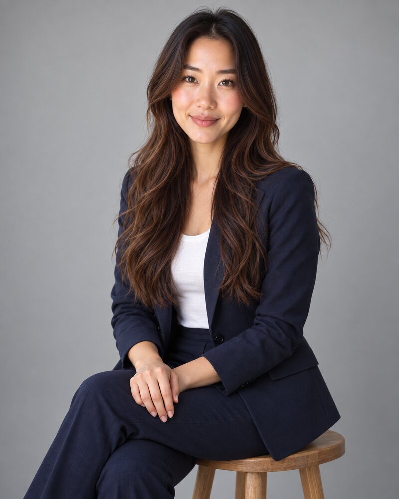 Woman in a navy blazer sitting upright on a stool with her knees turned to one side and one hand resting on the other in her lap