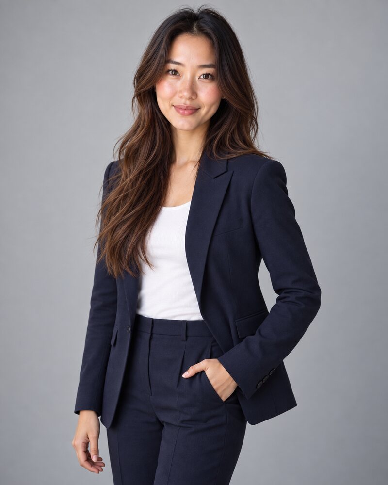 Woman in a navy blazer and trousers standing at a slight angle, framed from mid-thigh up, with one hand in her pocket