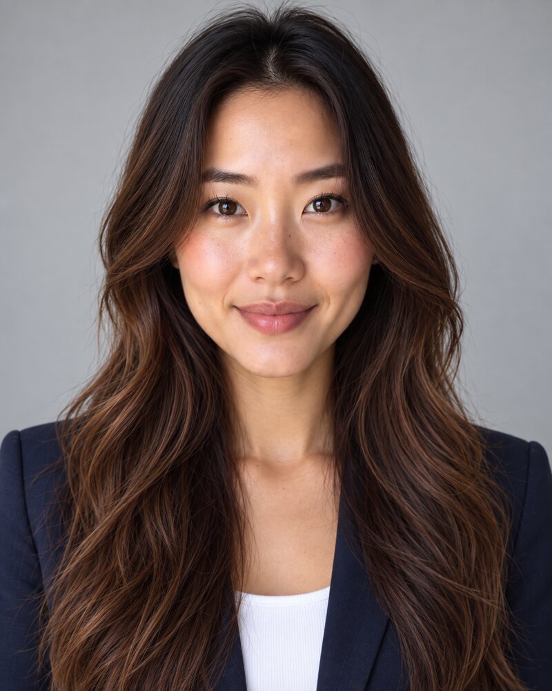 Woman in a navy blazer facing the camera with square shoulders and a level head, against a light grey backdrop