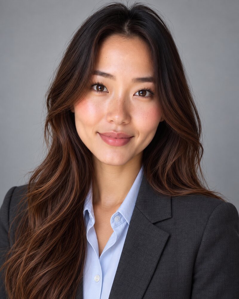 The same woman in a charcoal suit jacket over a pale blue collared shirt, light grey studio background