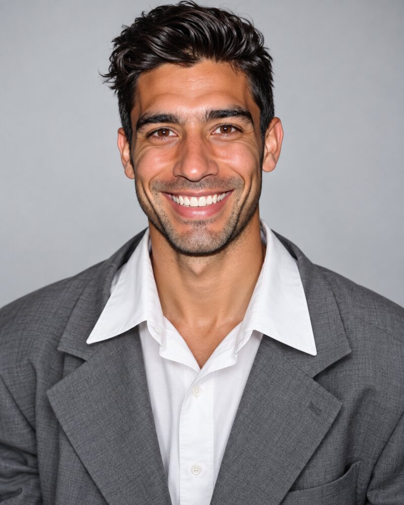 Man in a grey blazer a size too big, the shoulder seams drooping past his shoulders and the shirt collar gaping at the neck