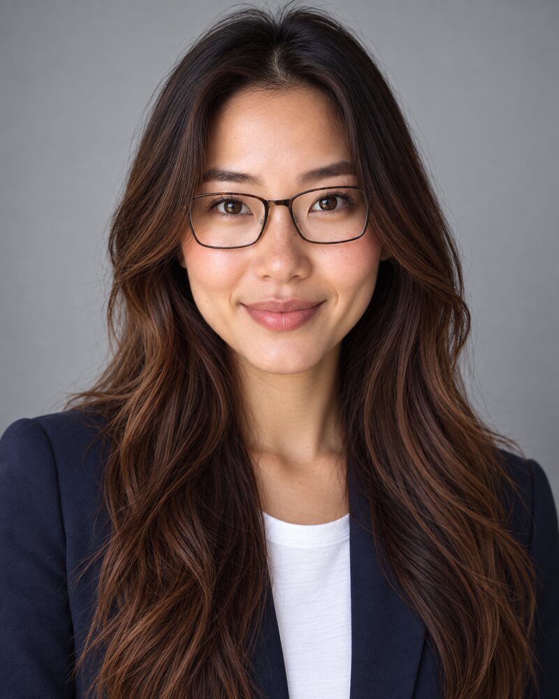 The same woman wearing the same glasses with clear lenses and both eyes fully visible