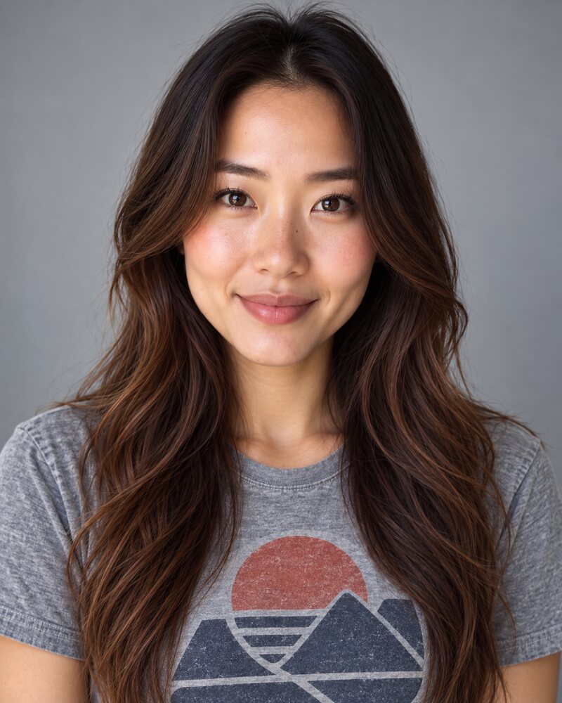 The same woman in a grey T-shirt with a large graphic logo printed across the chest, light grey background