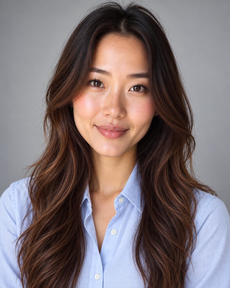 The same woman in a light blue shirt with the collar open and no jacket, light grey studio background