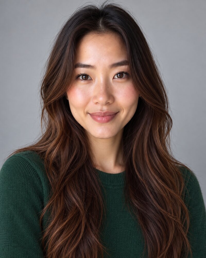 The same woman in a plain forest green crew-neck knit with no jacket, light grey studio background