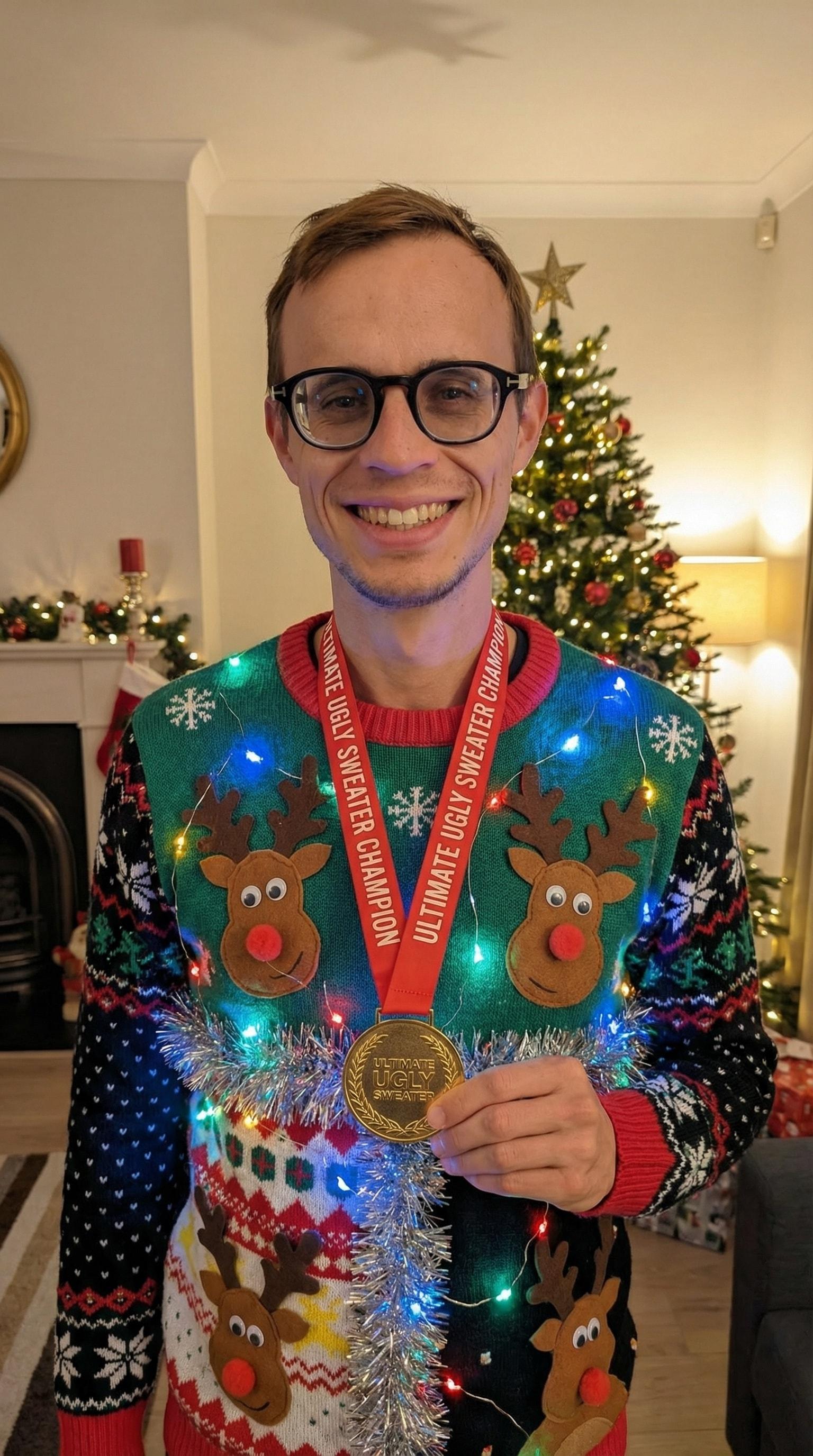 Ultimate ugly sweater champion portrait