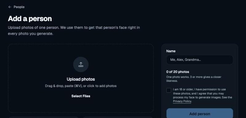 The Add a person screen: an upload box, a name field, a photo counter and a consent checkbox
