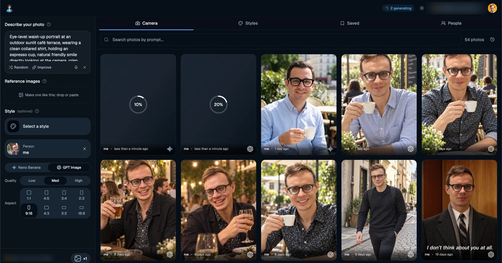 The studio: a prompt box, style and person pickers on the left, and a grid of generated photos of one man on the right
