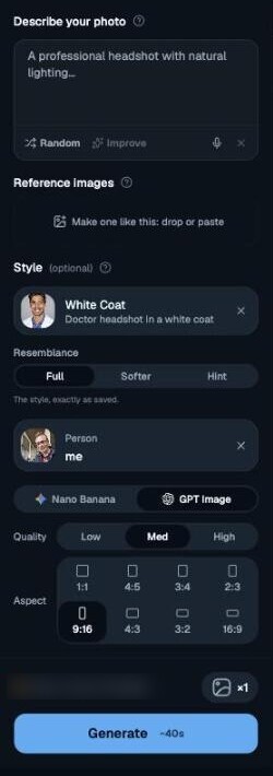 The studio sidebar with the White Coat style and a person selected, quality and aspect ratio options, and a Generate button